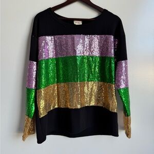 BiBi Black Shirt with Purple, Green and Gold Sequin Stripes